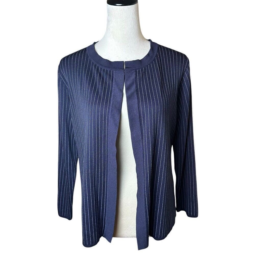Exclusively Misook Petites Navy Stretch Knit Pinstripe Open Cardigan M | Office‎